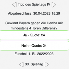 Der 30. Tipp des Spieltags bei Tipp.One: Gewinnt Bayern gegen die Hertha mit mindestens 4 Toren Differenz?