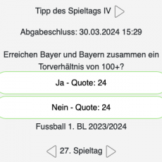 Der Tipp zum 27. Spieltag in Liga 1: Erreichen Bayer und Bayern zusammen ein Torverhältnis von 100 oder mehr?
