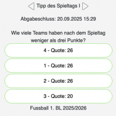 Der 4. Tipp des Spieltags in der ersten Bundesliga: Wie viele Teams haben nach dem Spieltag weniger als drei Punkte?