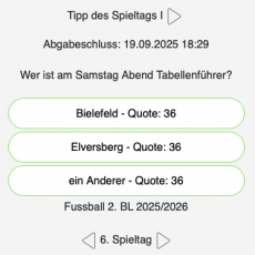 Viele Kandidaten auf die Tabellenführung der 2. Liga am Samstag Abend des 6. Spieltags. Wer macht das Rennen?