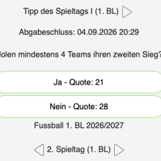 Der 2. Tipp des Tages in der Bundesliga: Holen mindestens vier Teams ihren zweiten Sieg?