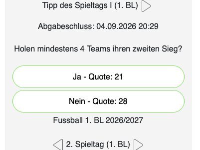 Der 2. Tipp des Tages in der Bundesliga: Holen mindestens vier Teams ihren zweiten Sieg?