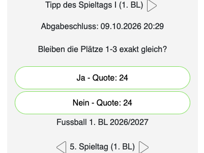 Der 5. Tipp des Tages in der Bundesliga: Bleiben die Plätze 1-3 exakt gleich?